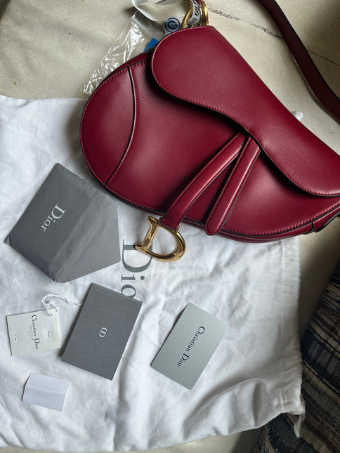 Sold Dior Saddle Scarlet Red Burgundy Medium Calfskin Smooth Leather Handbag like new