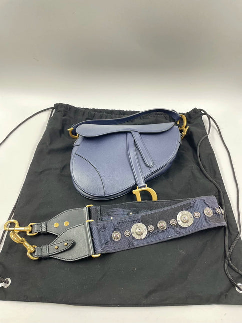 Sold Dior Saddle Blue Medium Grained Leather Handbag with Strap