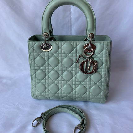 Sold Lady Dior Medium Mint Cannage Lambskin Leather with silver hardware and strap