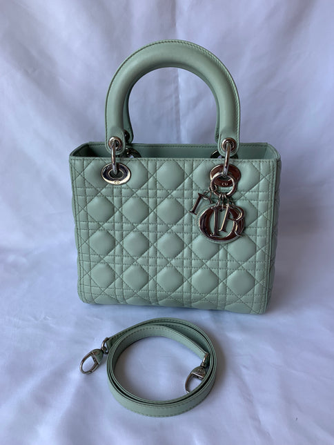 Sold Lady Dior Medium Mint Cannage Lambskin Leather with silver hardware and strap