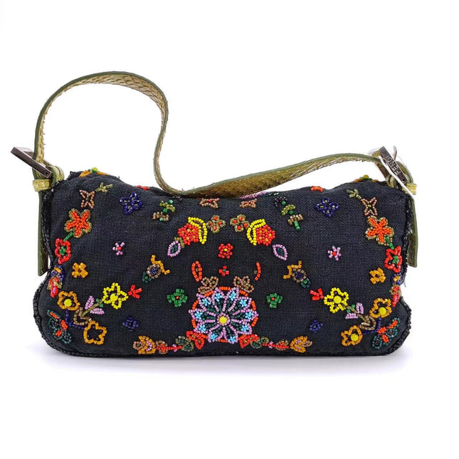 Sold FENDI Baguette Black Canvas with beaded Flower Embroidery
