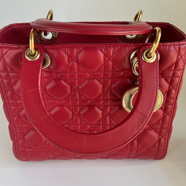 Sold Lady Dior Red Lambskin Cannage Leather Medium
