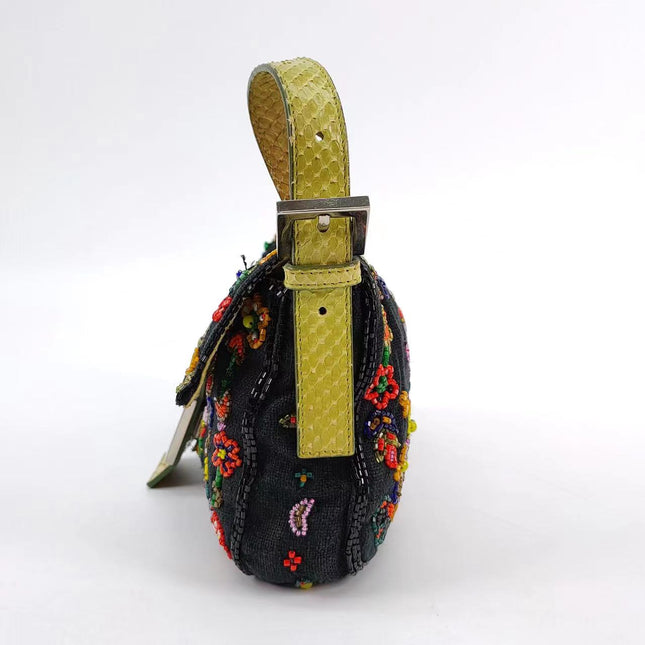 Sold FENDI Baguette Black Canvas with beaded Flower Embroidery