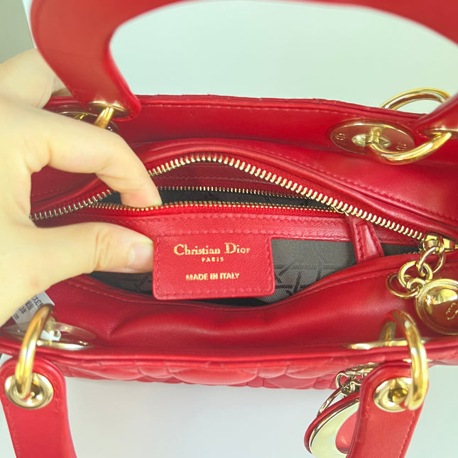 Sold Lady Dior Red Lambskin Cannage Leather Medium