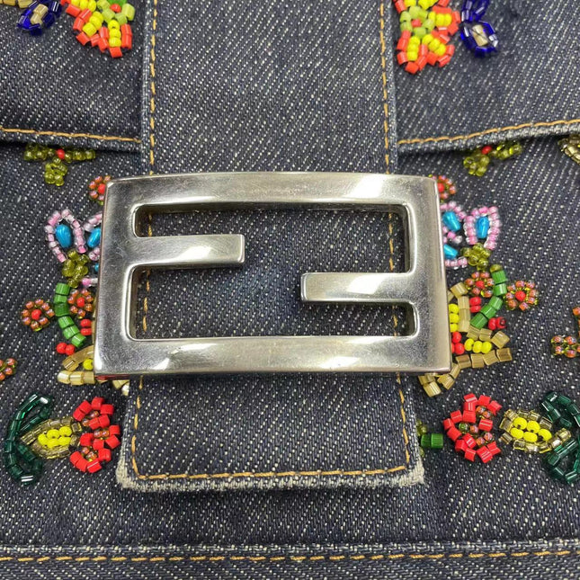 Sold FENDI Baguette Blue Denim with beaded Flower Embroidery