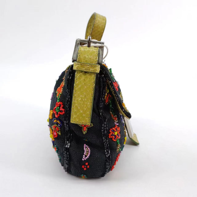 Sold FENDI Baguette Black Canvas with beaded Flower Embroidery