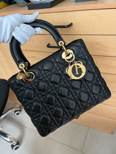 Sold Lady Dior Medium Black Cannage Lambskin Leather with gold hardware