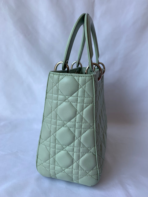 Sold Lady Dior Medium Mint Cannage Lambskin Leather with silver hardware and strap