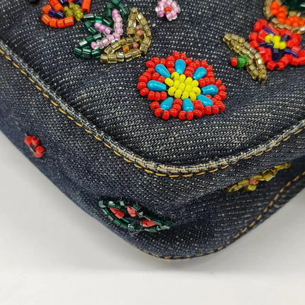 Sold FENDI Baguette Blue Denim with beaded Flower Embroidery