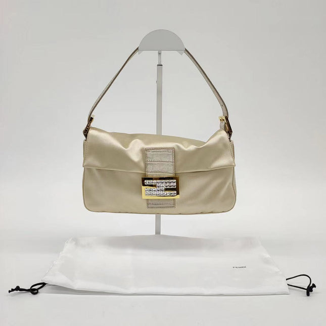 Sold FENDI Baguette Cream Biege Silk with Crystal Buckle
