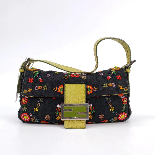Sold FENDI Baguette Black Canvas with beaded Flower Embroidery-Luxbags