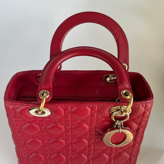 Sold Lady Dior Red Lambskin Cannage Leather Medium
