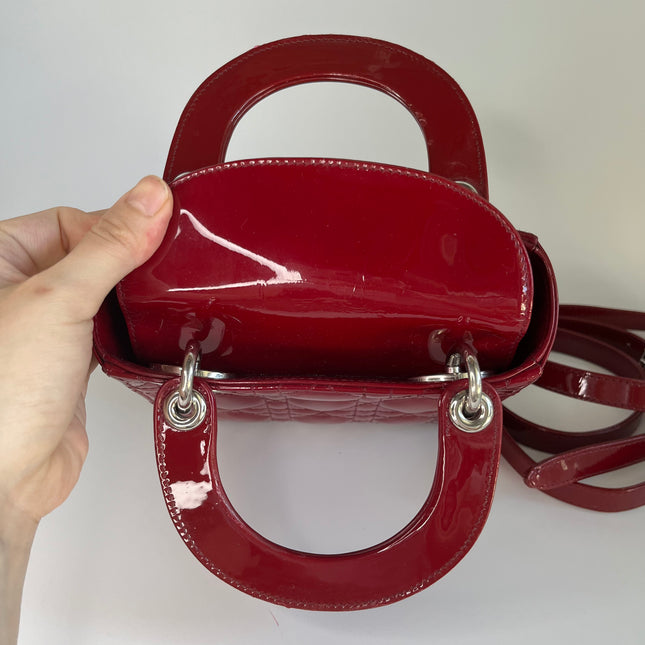 Sold Lady Dior Patent Leather Burgundy Mini handbag Cannage Leather with strap