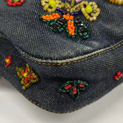 Sold FENDI Baguette Blue Denim with beaded Flower Embroidery