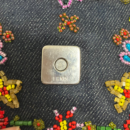 Sold FENDI Baguette Blue Denim with beaded Flower Embroidery