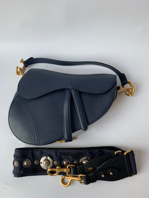 Sold Dior Saddle Blue Medium Grained Leather Handbag with Strap