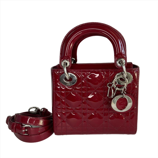 Sold Lady Dior Patent Leather Burgundy Mini handbag Cannage Leather with strap-Luxbags