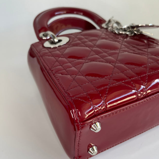 Sold Lady Dior Patent Leather Burgundy Mini handbag Cannage Leather with strap