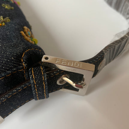 Sold FENDI Baguette Blue Denim with beaded Flower Embroidery