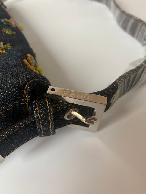Sold FENDI Baguette Blue Denim with beaded Flower Embroidery