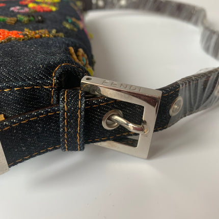 Sold FENDI Baguette Blue Denim with beaded Flower Embroidery