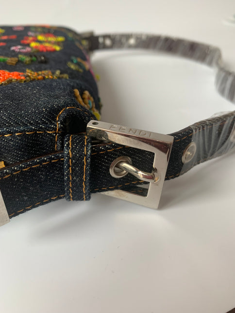 Sold FENDI Baguette Blue Denim with beaded Flower Embroidery