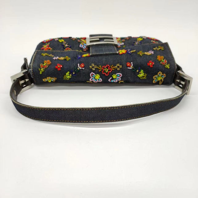 Sold FENDI Baguette Blue Denim with beaded Flower Embroidery