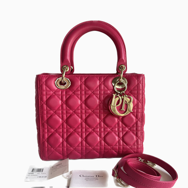 Sold Lady Dior Hot Pink Fuchsia Cannage Leather Medium-Luxbags