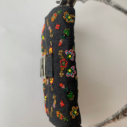 Sold FENDI Baguette Blue Denim with beaded Flower Embroidery
