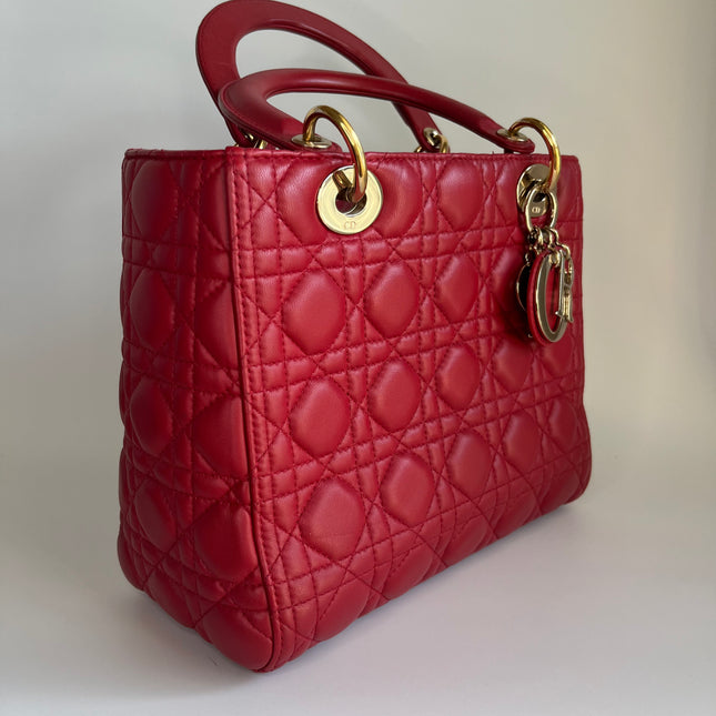 Sold Lady Dior Red Lambskin Cannage Leather Medium