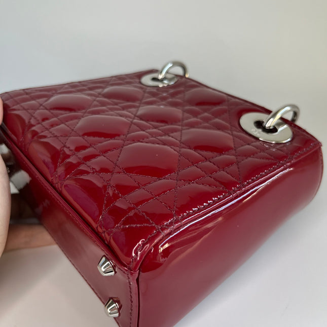 Sold Lady Dior Patent Leather Burgundy Mini handbag Cannage Leather with strap