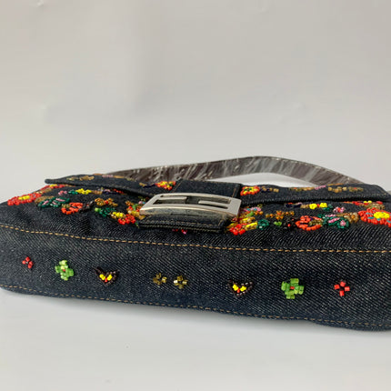 Sold FENDI Baguette Blue Denim with beaded Flower Embroidery
