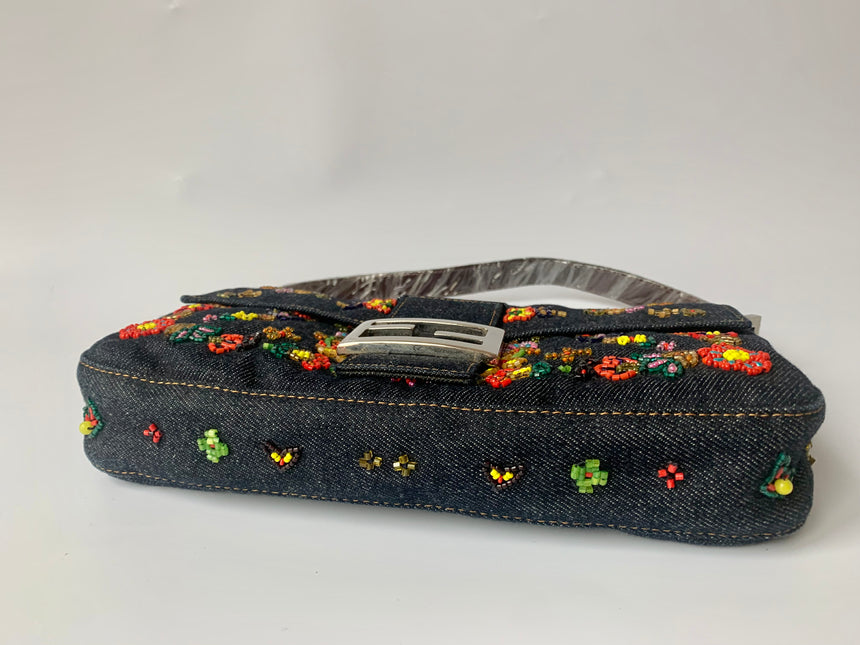 Sold FENDI Baguette Blue Denim with beaded Flower Embroidery