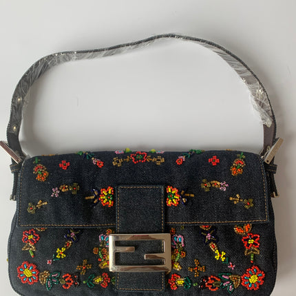 Sold FENDI Baguette Blue Denim with beaded Flower Embroidery
