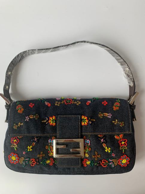 Sold FENDI Baguette Blue Denim with beaded Flower Embroidery