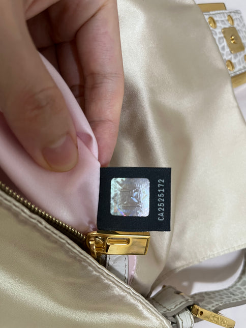 Sold FENDI Baguette Cream Biege Silk with Crystal Buckle