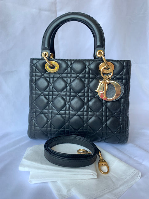 Sold Lady Dior Medium Black Cannage Lambskin Leather
