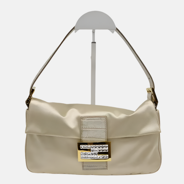 FENDI Baguette Cream Biege Silk with Crystal Buckle-Luxbags