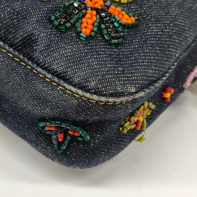 Sold FENDI Baguette Blue Denim with beaded Flower Embroidery