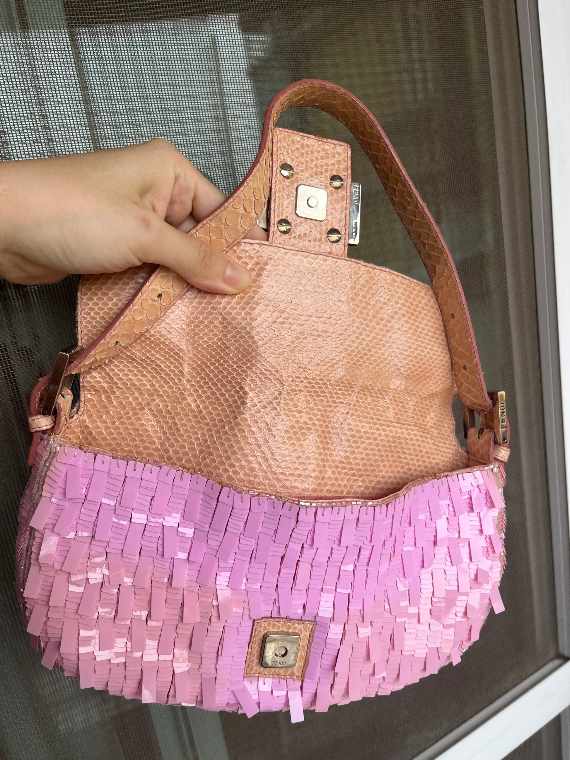 Sold Fendi Baguette Glitter Pink square sequins