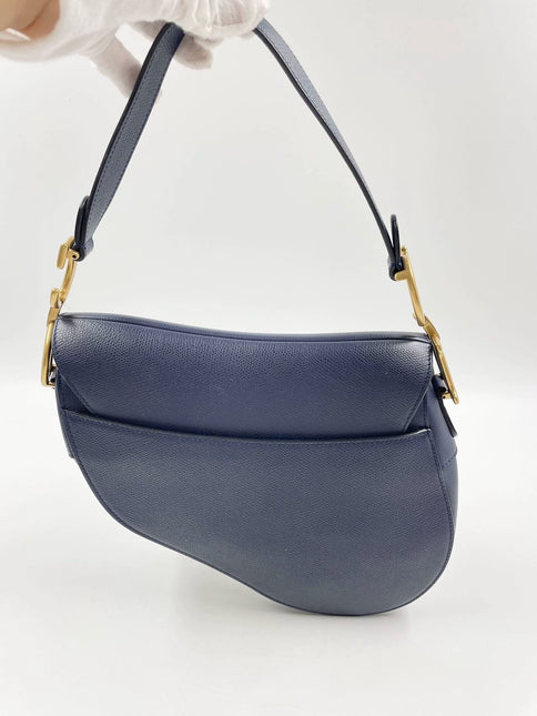 Sold Dior Saddle Blue Medium Grained Leather Handbag with Strap