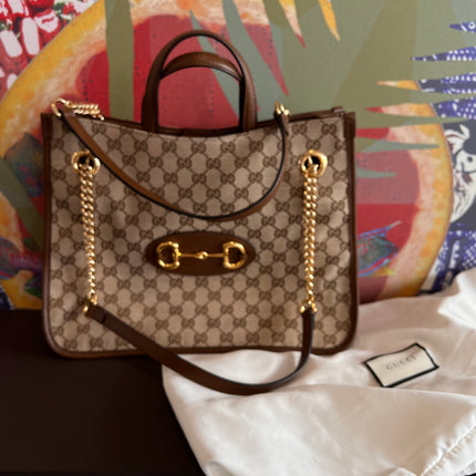 Sold Gucci 1956 horsebit chain tote in monogram canvas and brown leather