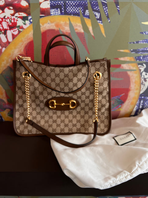 Sold Gucci 1956 horsebit chain tote in monogram canvas and brown leather