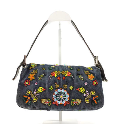 Sold FENDI Baguette Blue Denim with beaded Flower Embroidery