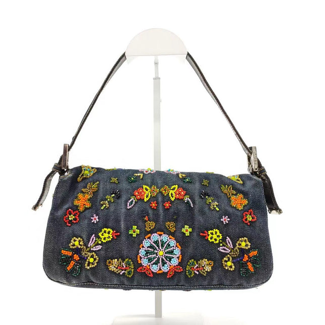 Sold FENDI Baguette Blue Denim with beaded Flower Embroidery