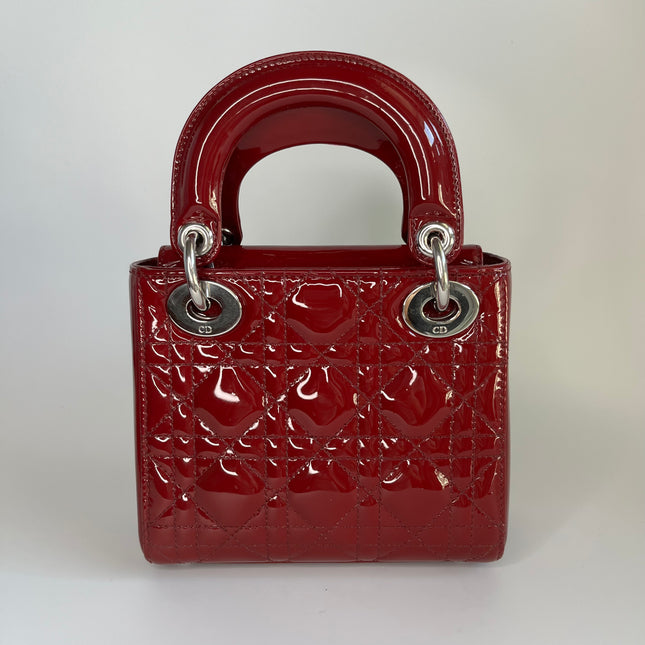Sold Lady Dior Patent Leather Burgundy Mini handbag Cannage Leather with strap