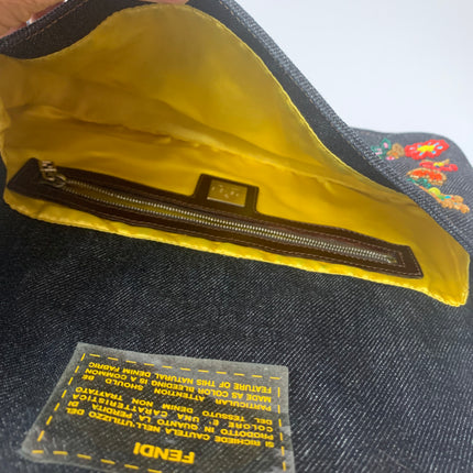 Sold FENDI Baguette Blue Denim with beaded Flower Embroidery