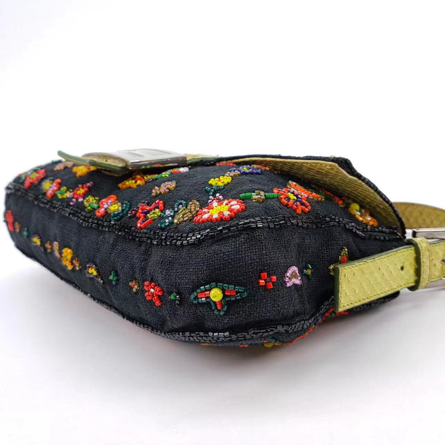 Sold FENDI Baguette Black Canvas with beaded Flower Embroidery