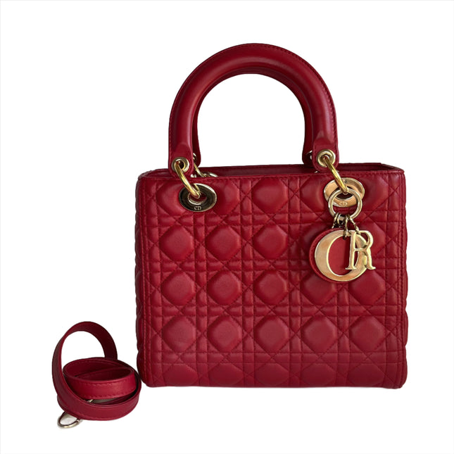 Sold Lady Dior Red Lambskin Cannage Leather Medium-Luxbags