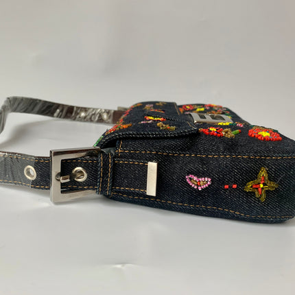Sold FENDI Baguette Blue Denim with beaded Flower Embroidery